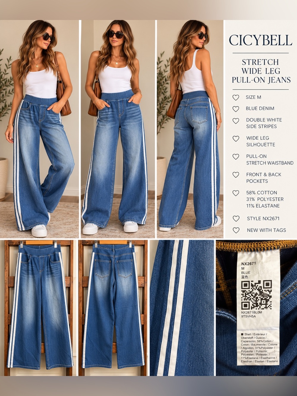 CicyBell NWT Stretch Wide Leg Pull-On Jeans Blue White Side Stripe M